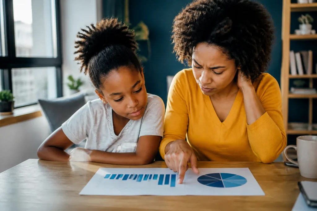 Parent et enfant observant des graphiques statistiques