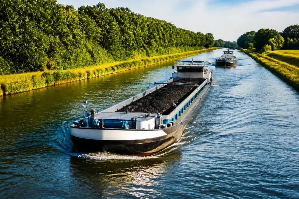 Peniches chargees naviguant sur canal fluvial entre ports