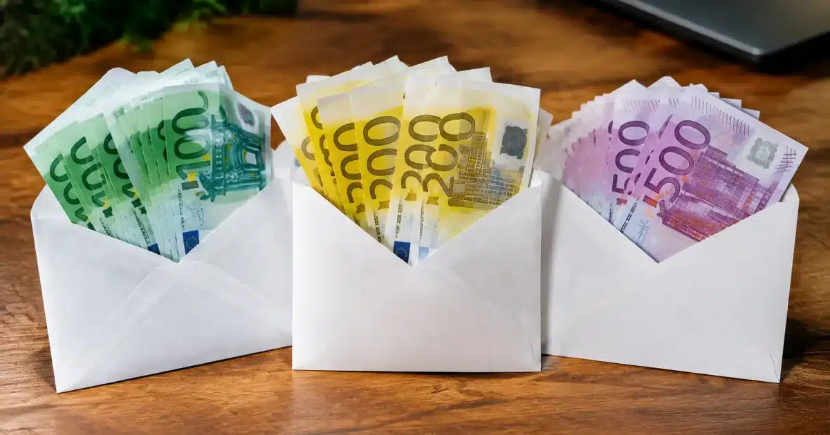 Trois enveloppes de pension posees cote a cote montrant des montants eleves