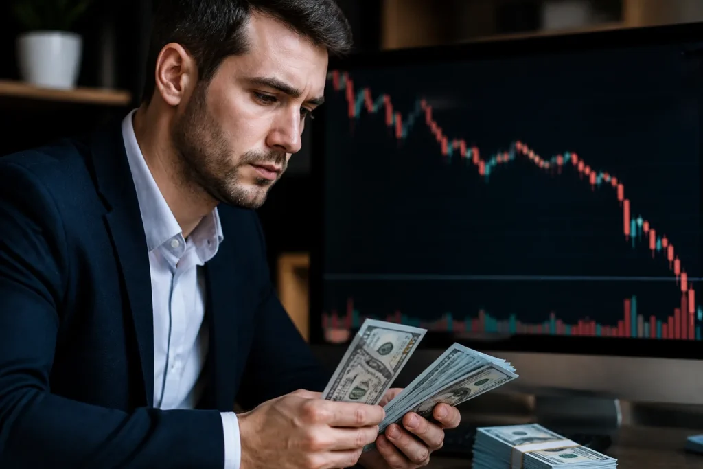 Personne comptant billets devant un graphique baissier