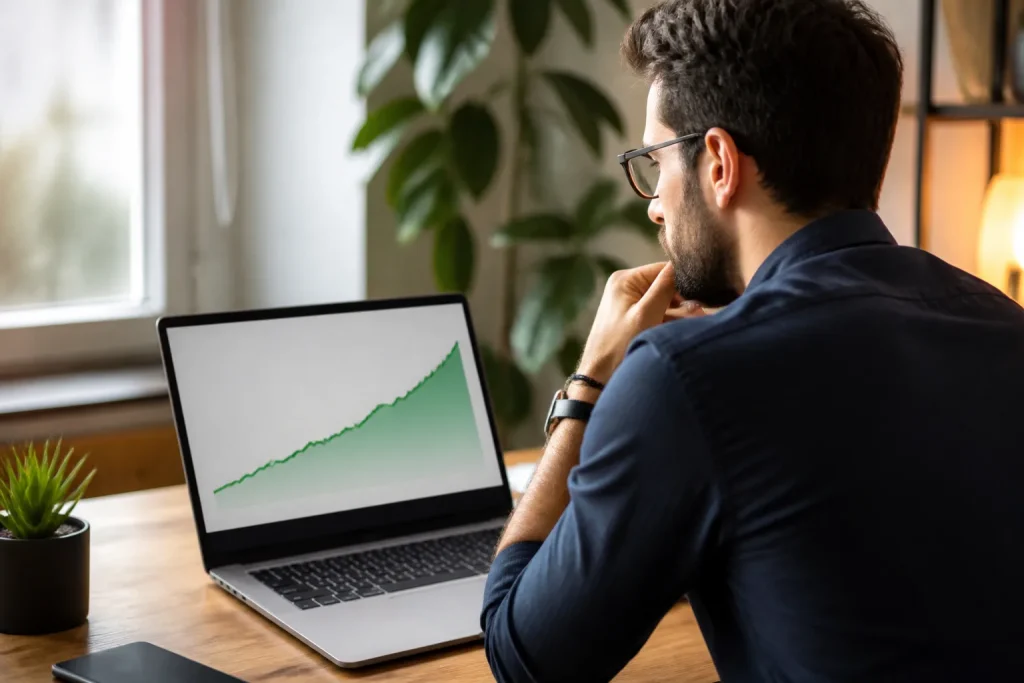 Personne regardant graphique montrant croissance epargne progressive