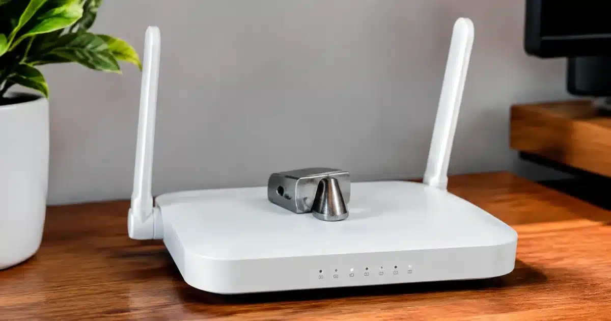 Piece metallique posee sur routeur wifi blanc horizontal