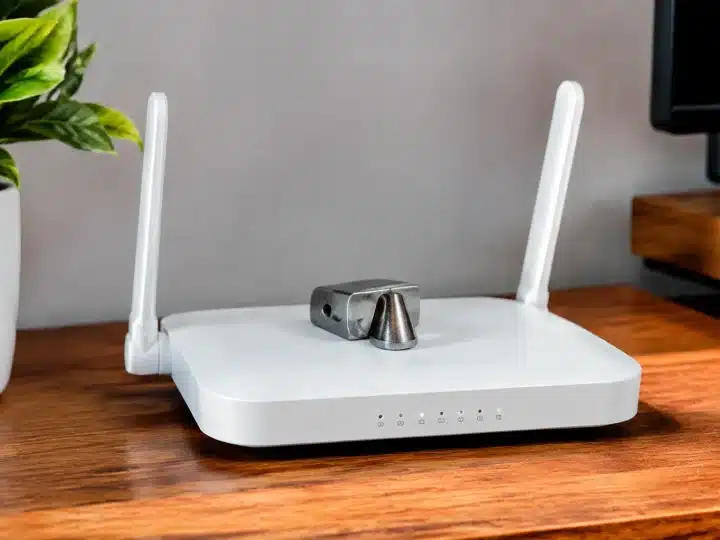 Piece metallique posee sur routeur wifi blanc horizontal