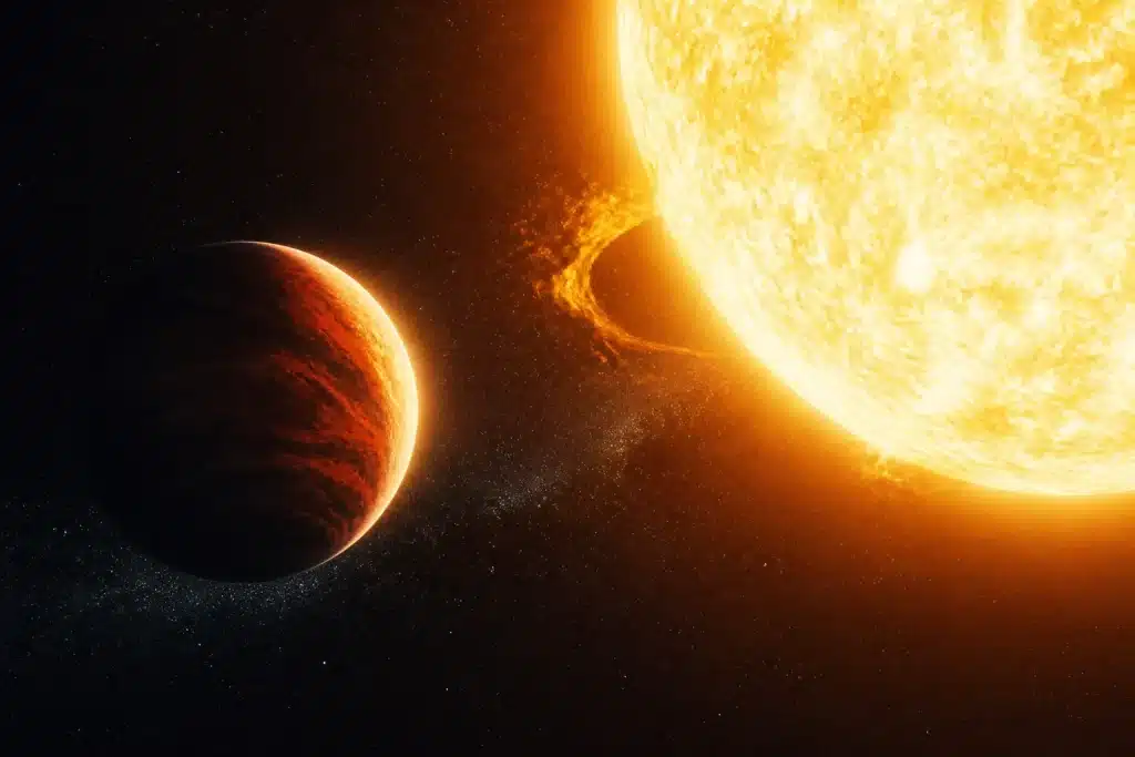 Planète tournant en sens inverse autour d'étoile brillante