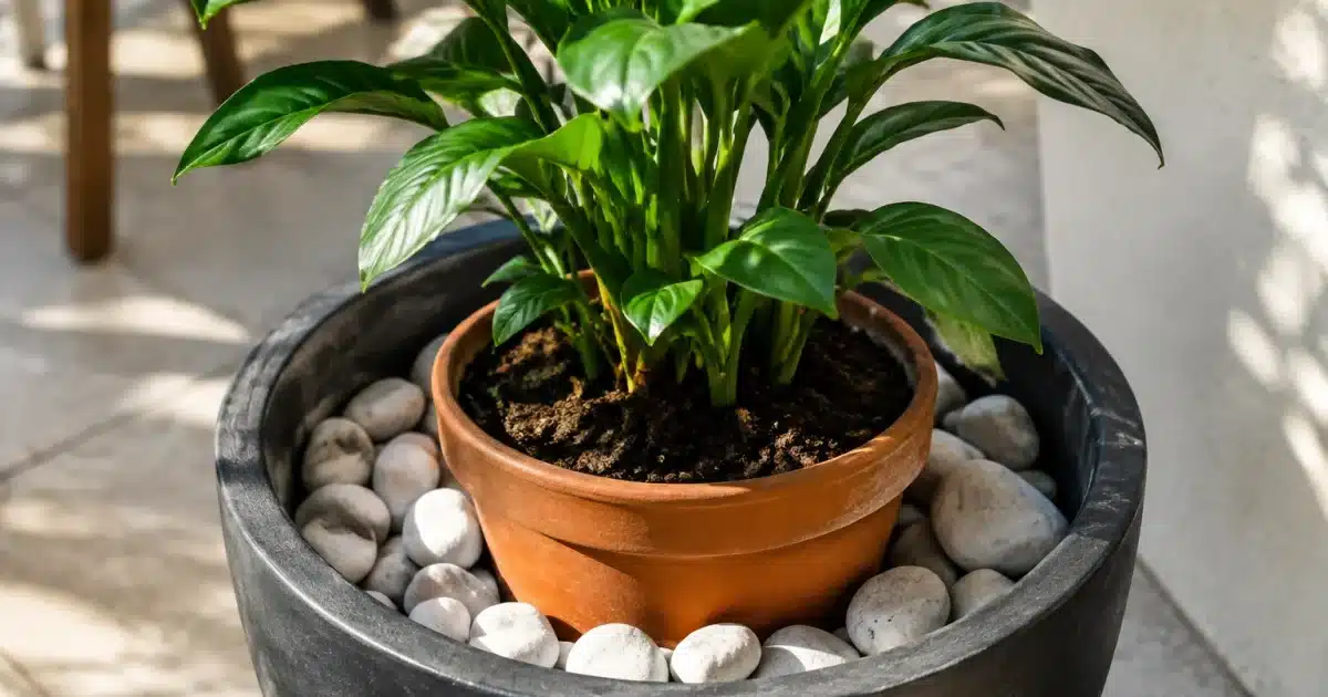 Pot de plante posé sur couche de galets blancs dans pot plus grand