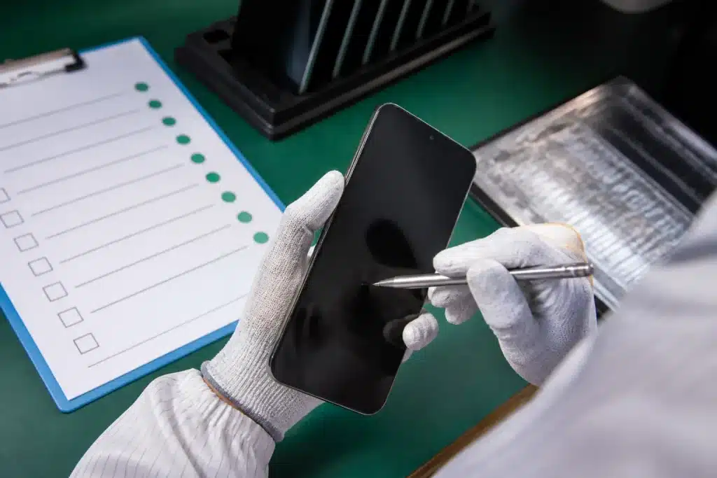 Produit électronique inspecté avec liste de critères écologiques visibles