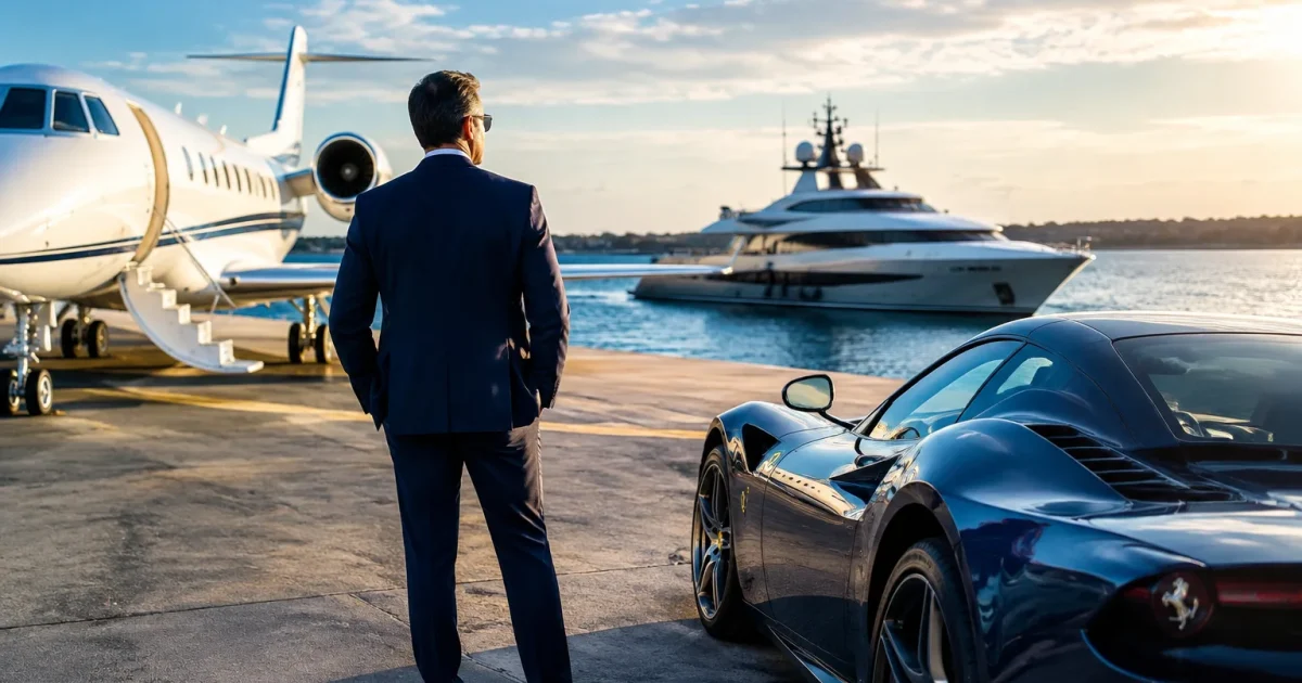 Proprietaire debout face a ses avions et bateaux luxueux