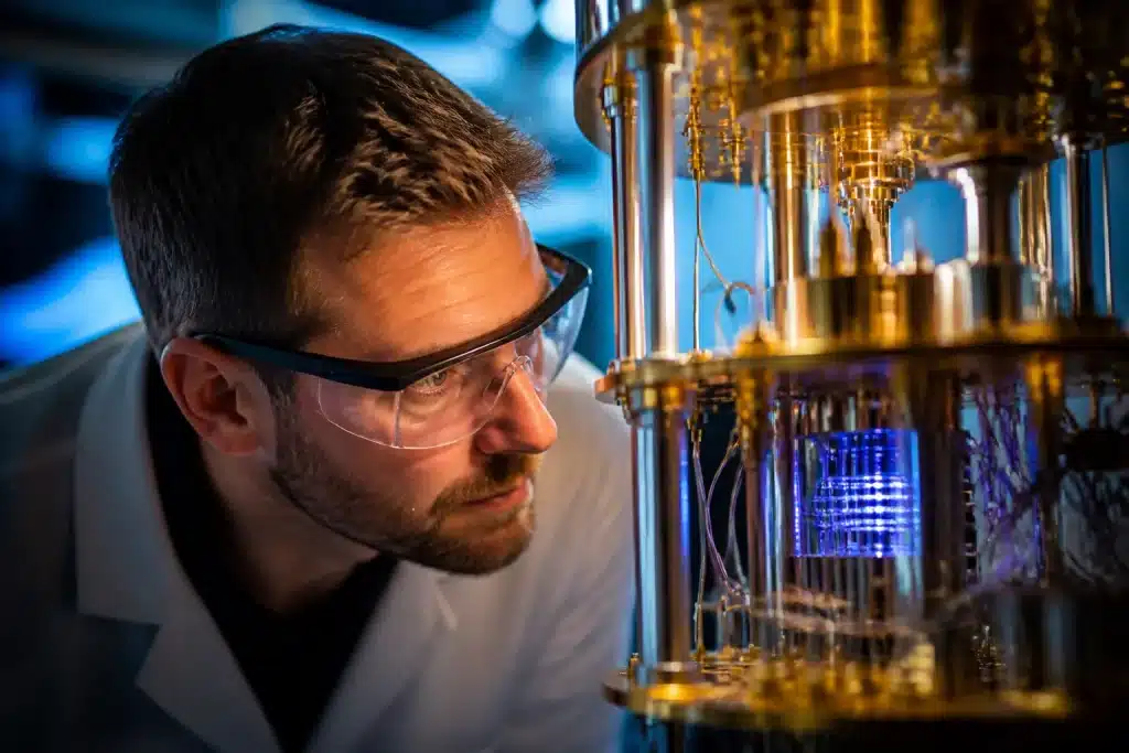 Chercheur observant qubits luminescents dans laboratoire quantique