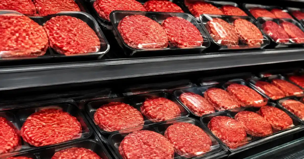 Paquets steaks haches rouges alignes sur rayon supermarche