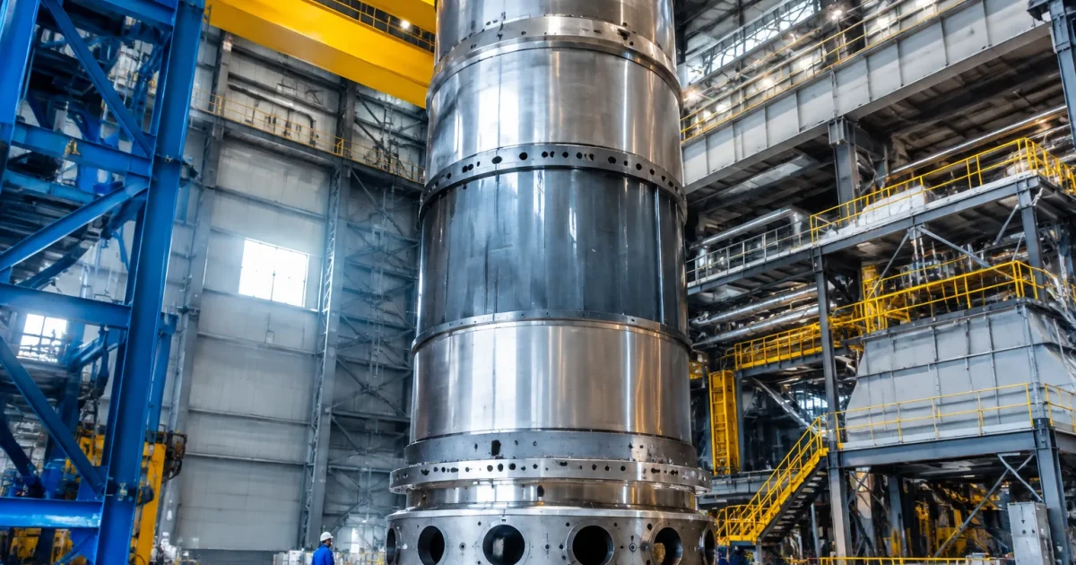 Secteur métallique géant positionné verticalement dans installation industrielle massive