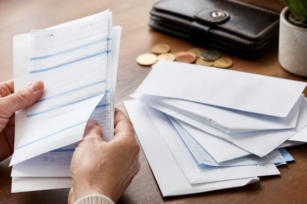 Releves pension, factures loyer et quittances cote a cote
