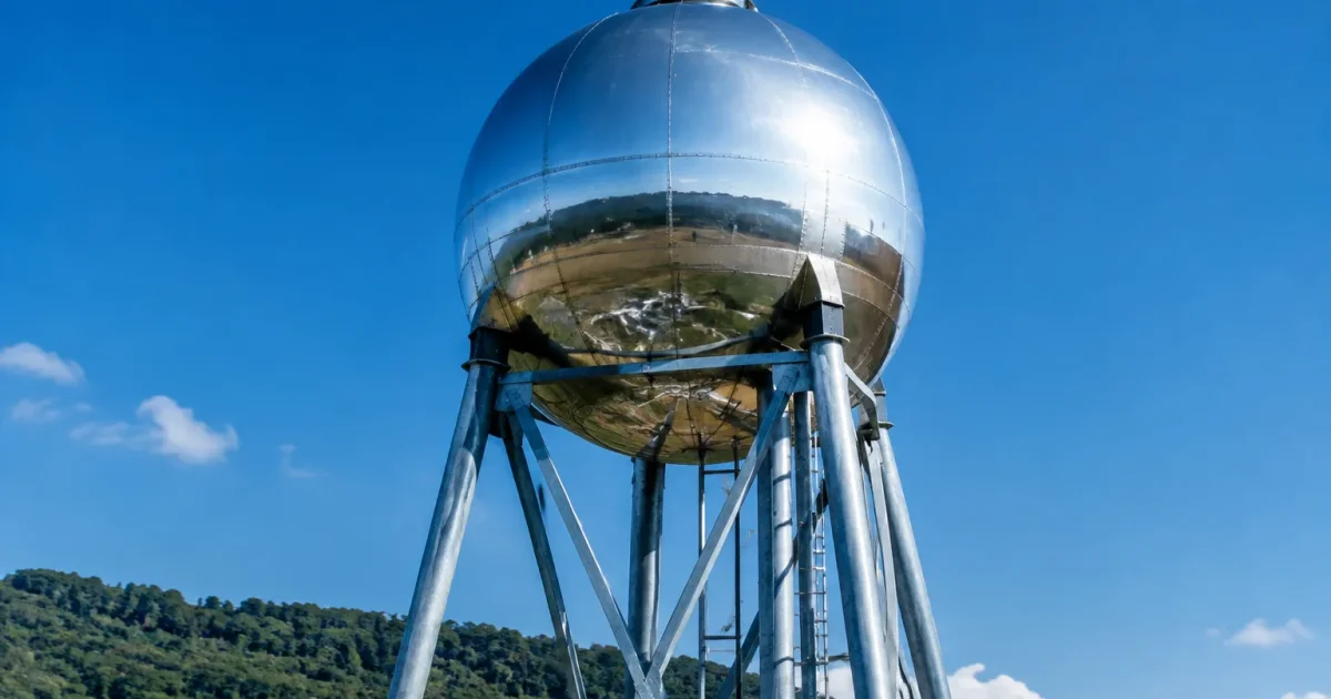 Reservoir spherique brillant sur structure metallique
