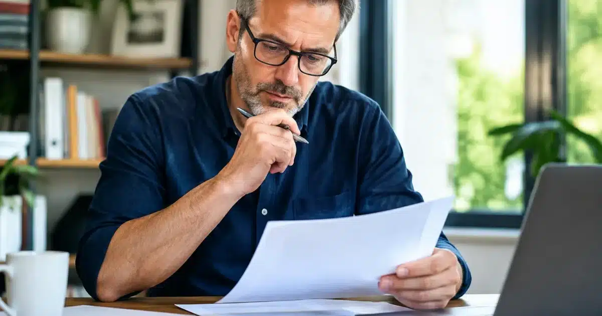 Homme assis à bureau consultant documents retraite anticipée