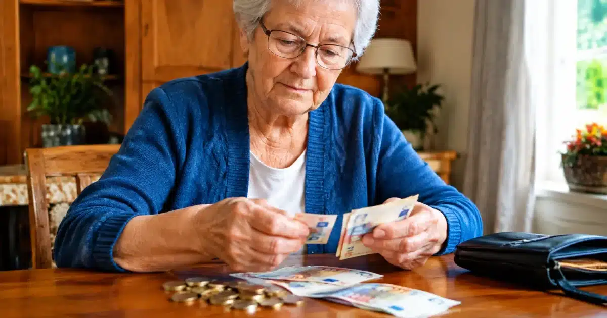 Personne agee assise comptant des billets et pieces de monnaie