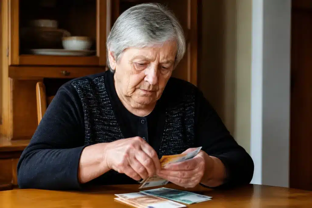 Personne agee comptant des billets de banque sur table