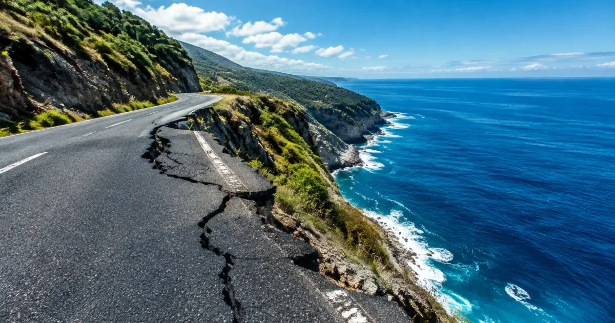 Route noire cassee plonge dans ocean bleu