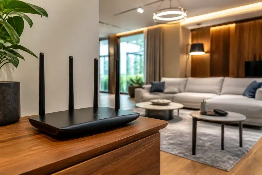 Routeur Wi-Fi strategiquement positionne dans salon moderne