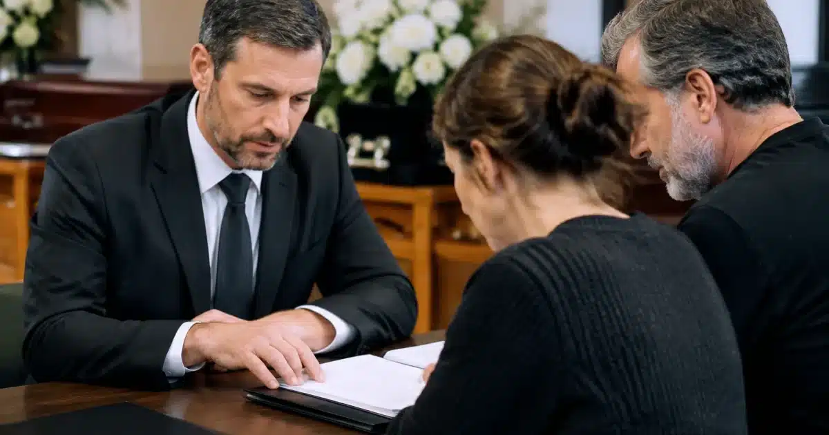 Employé funeraire presentant documents officiels aux familles endeuillees