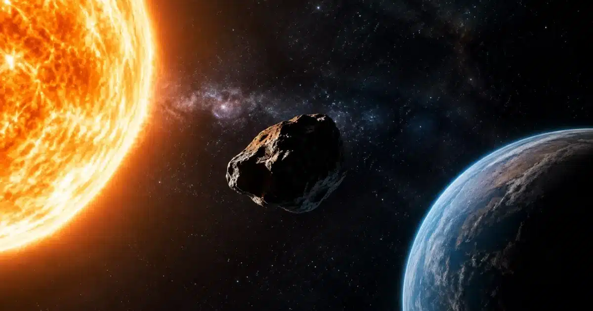 Objet celeste sombre flottant dans l'espace entre etoile et planete