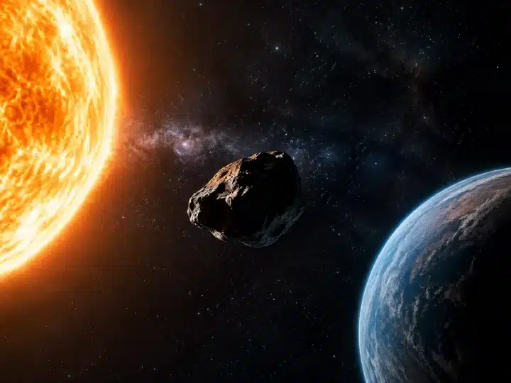 Objet celeste sombre flottant dans l'espace entre etoile et planete