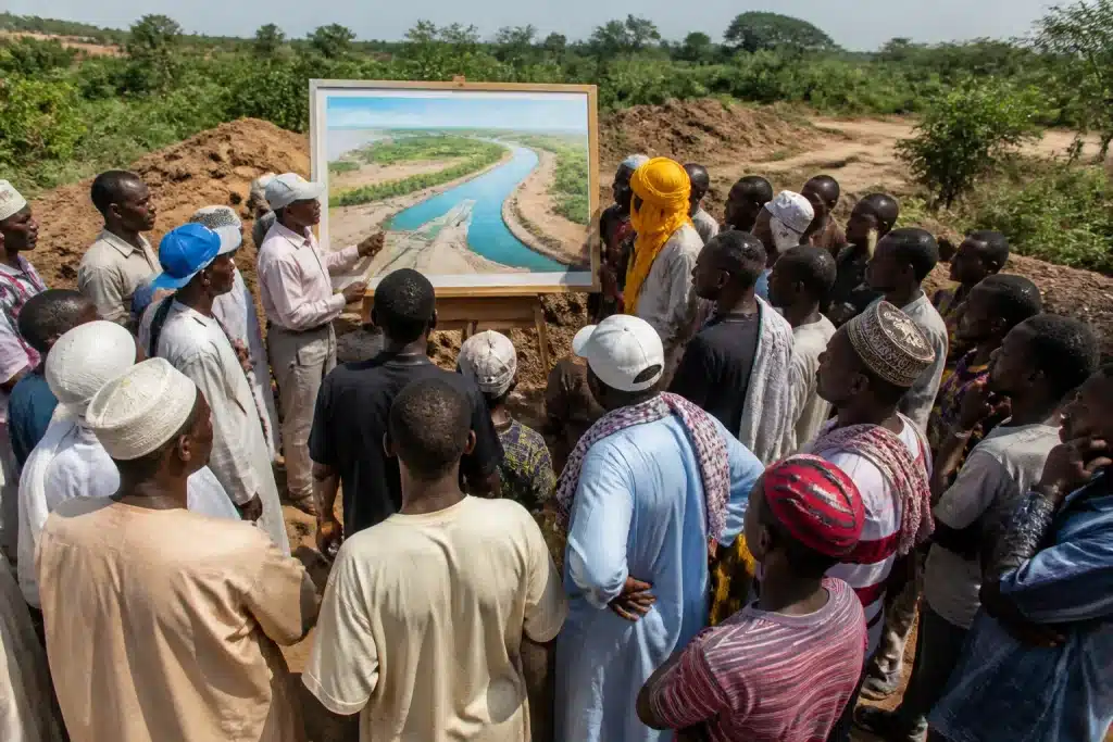 Militants rassembles devant panneau projet canal fluvial