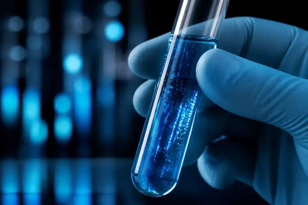 Tube contenant liquide bleu avec données numériques brillantes