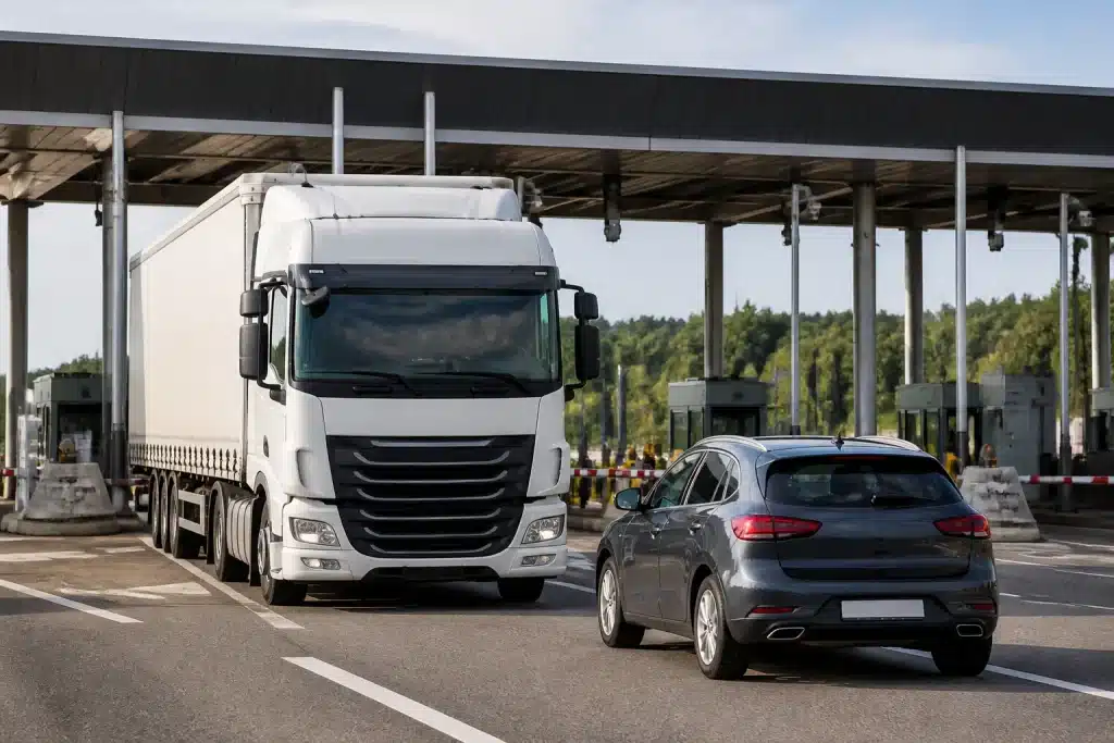 Camion et voiture affichant tarifs vignette differents