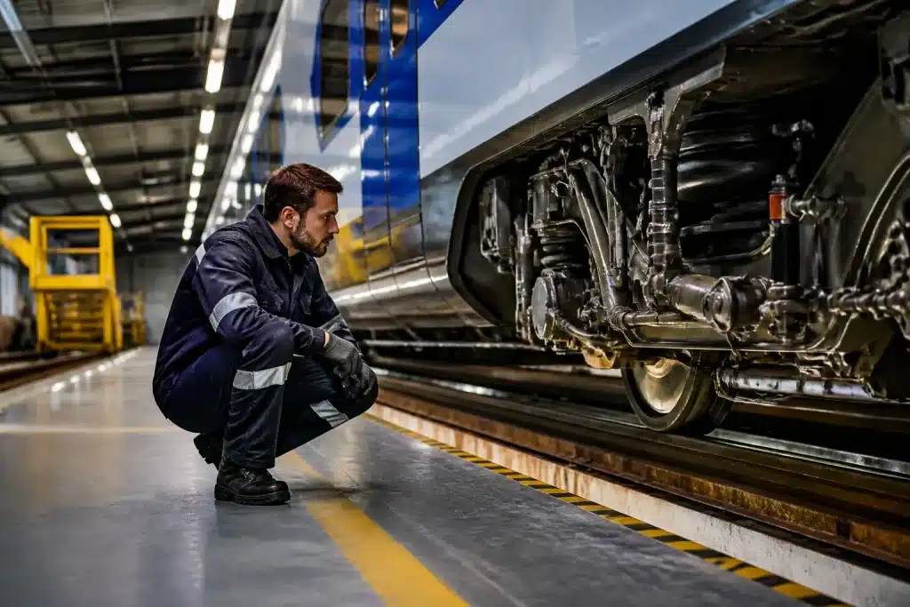 Technicien inspectant train modernes atelier maintenance ferroviaire