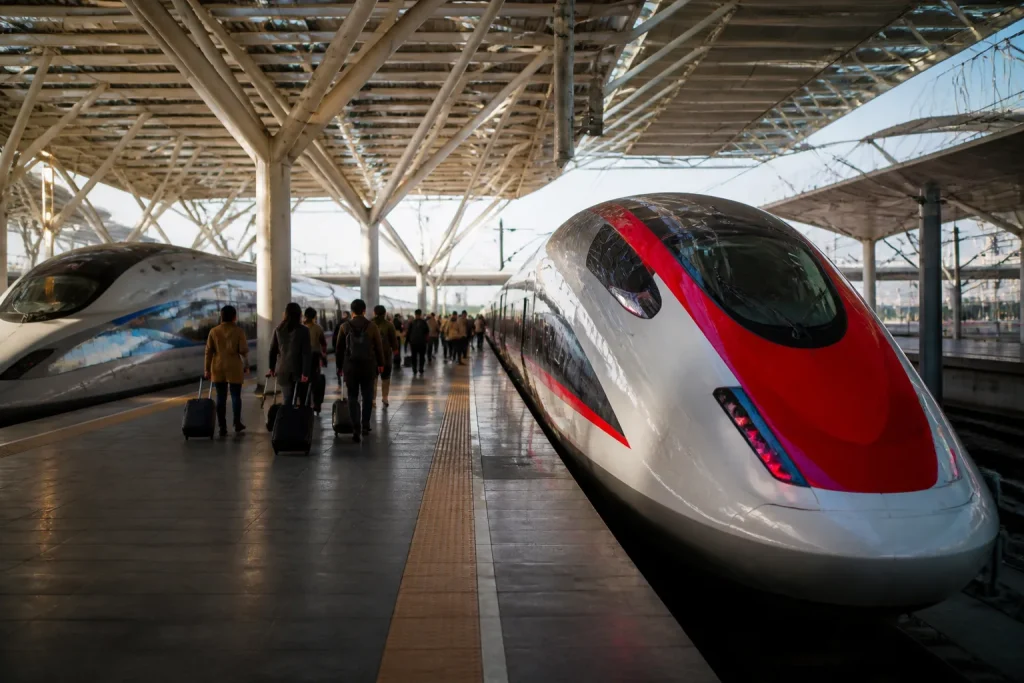 Terminal ferroviaire avec trains haute vitesse et passagers