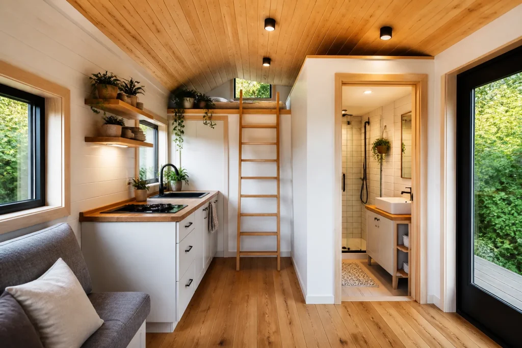 Petite maison compacte avec cuisine integree et salle d'eau