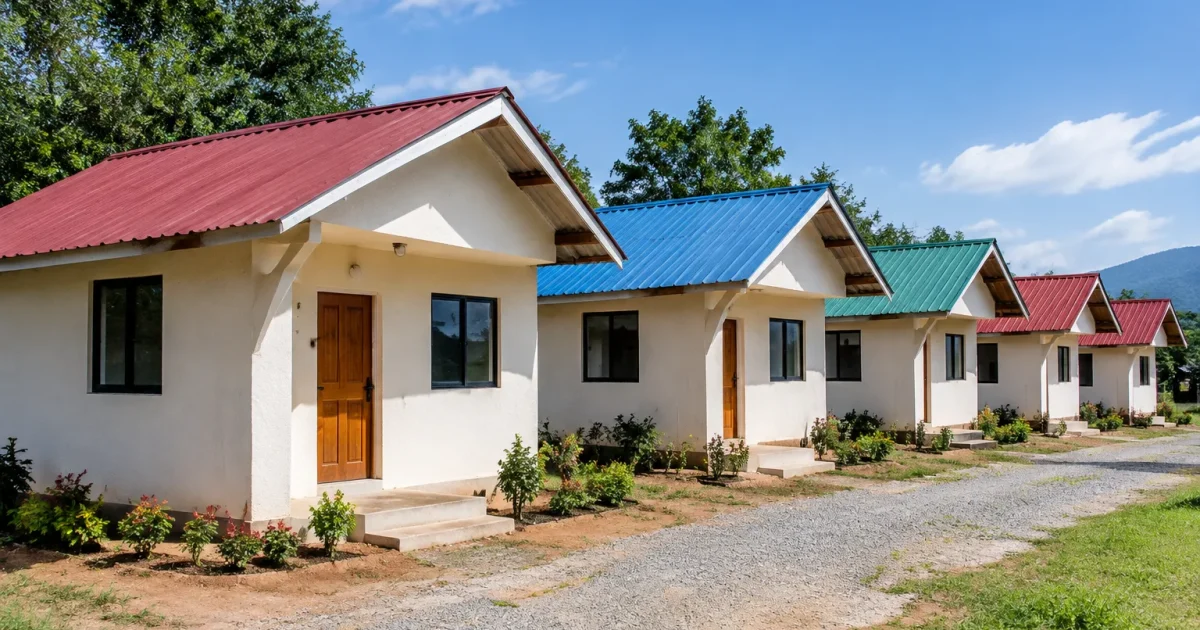 Cinq petites maisons alignees au sol pour familles necessiteuses