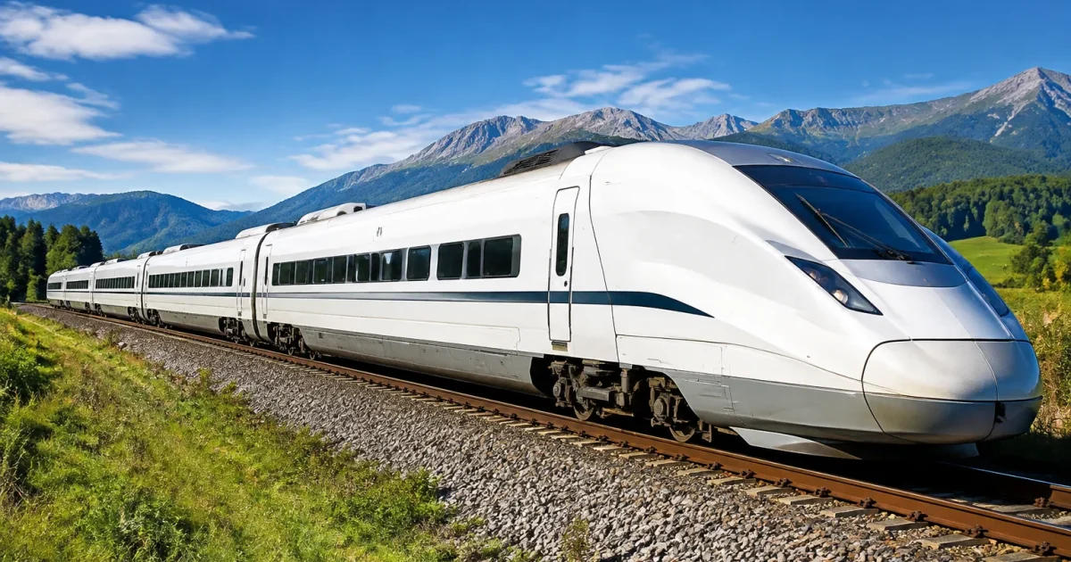 Train blanc allonge reposant sur rails metalliques