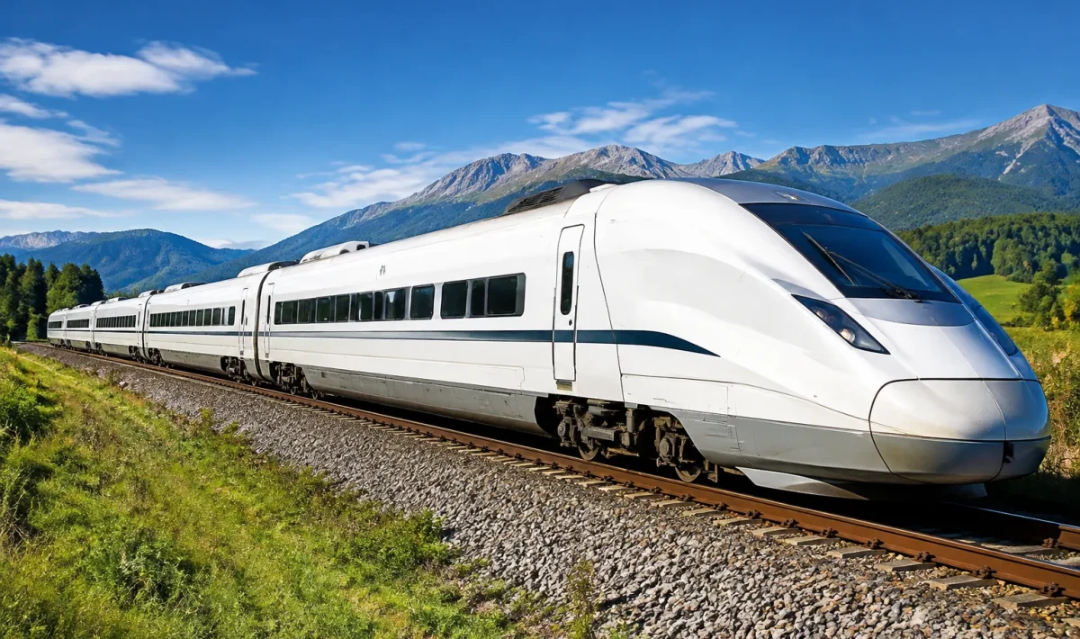 Train blanc allonge reposant sur rails metalliques