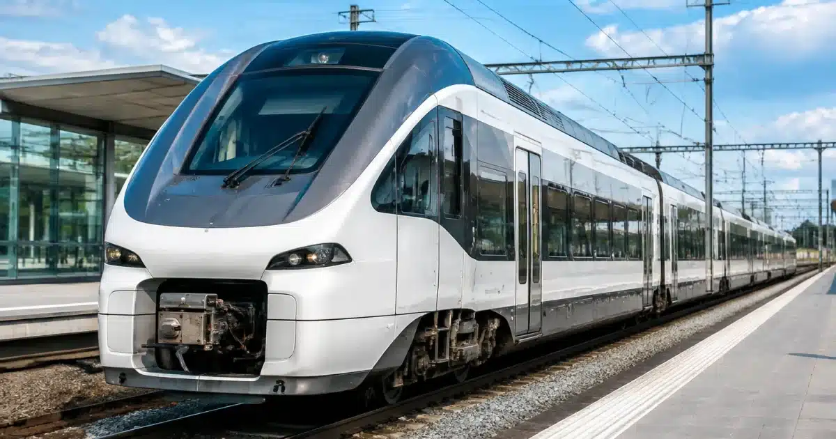 Train moderne blanc et gris stationne sur les rails