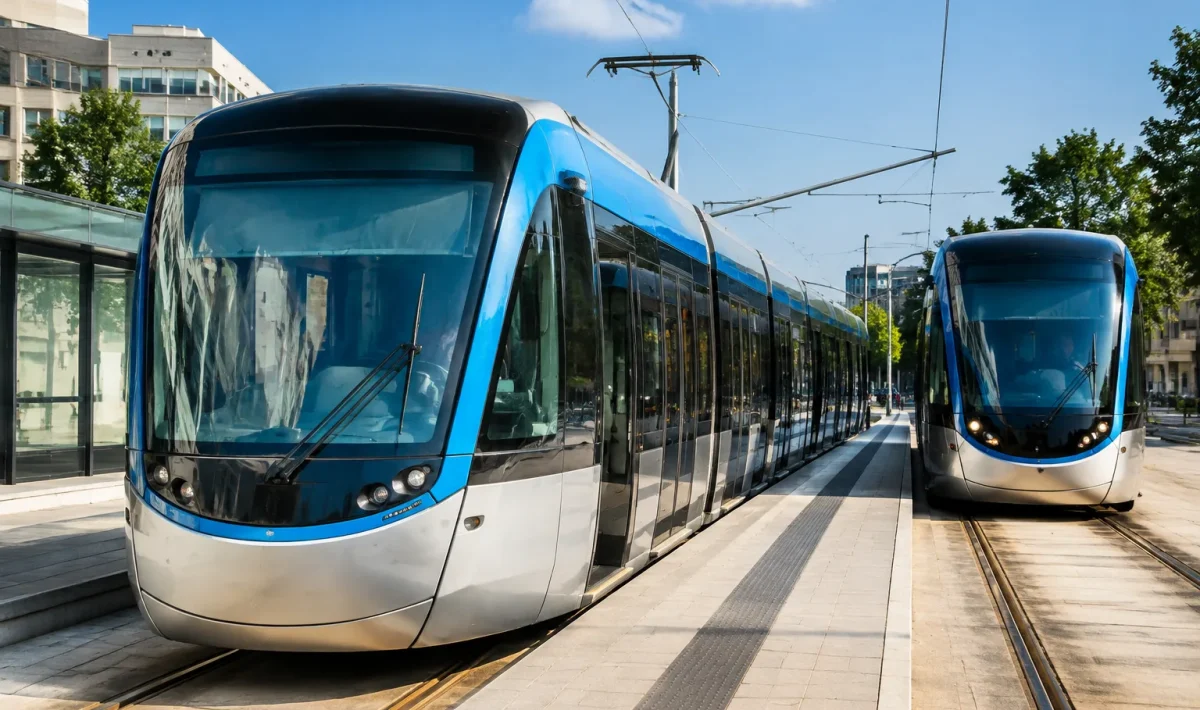 Trains electriques modernes alignes a quai urbain