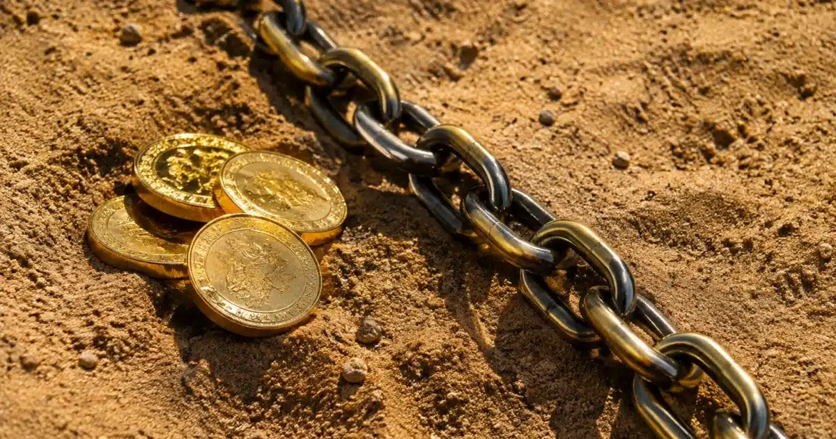 Pieces d'or et chaine metallique alignees sur sol sablonneux