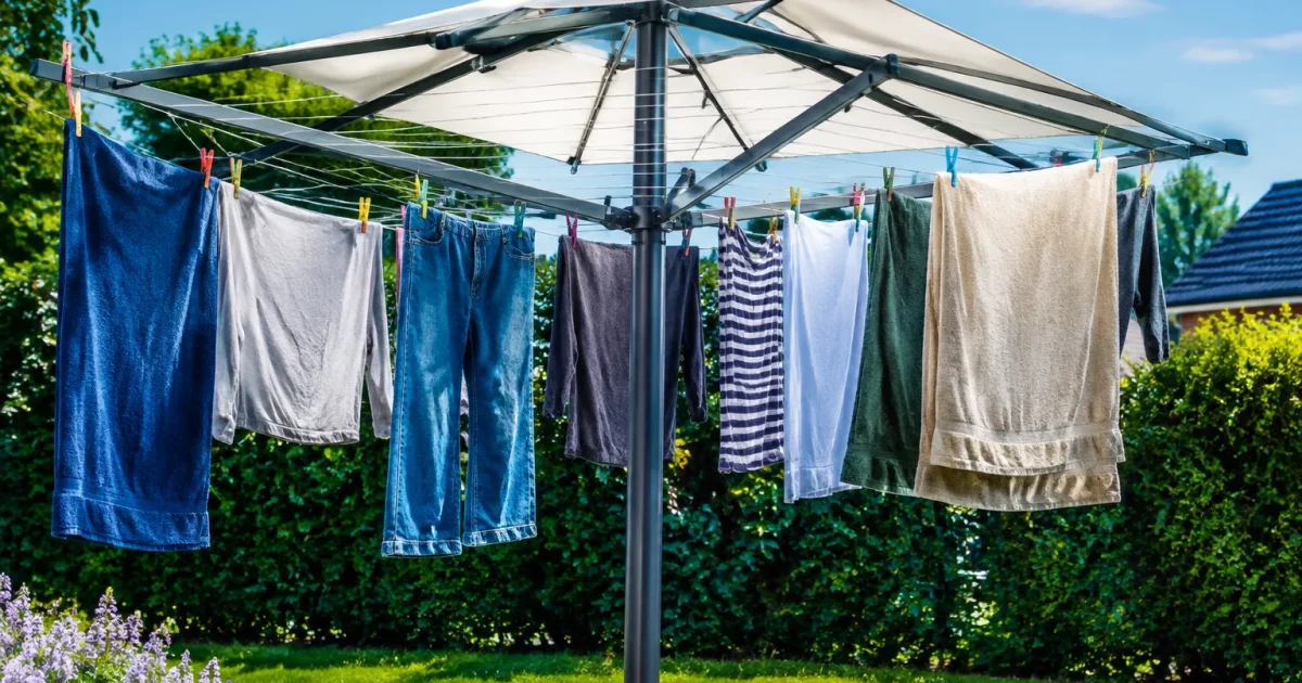 Vetements humides suspendus etendoir parasol ouvert