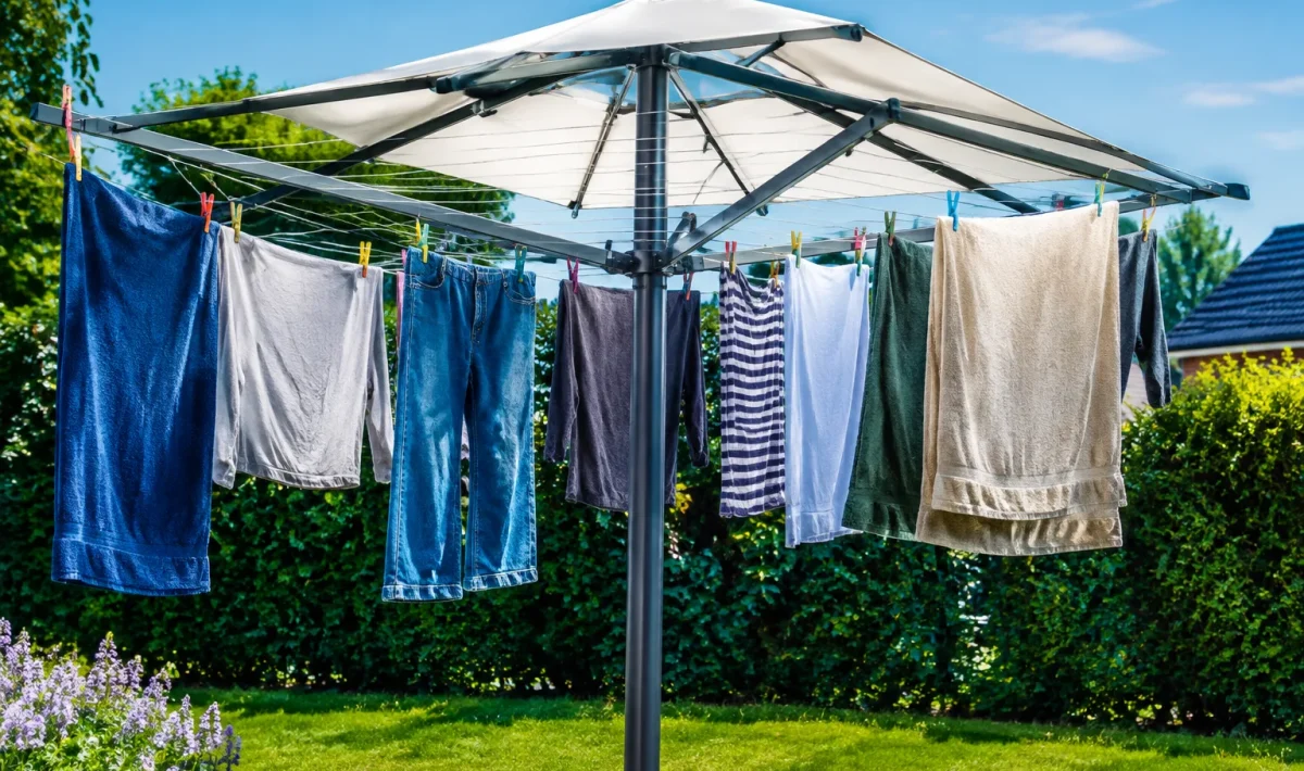 Vetements humides suspendus etendoir parasol ouvert