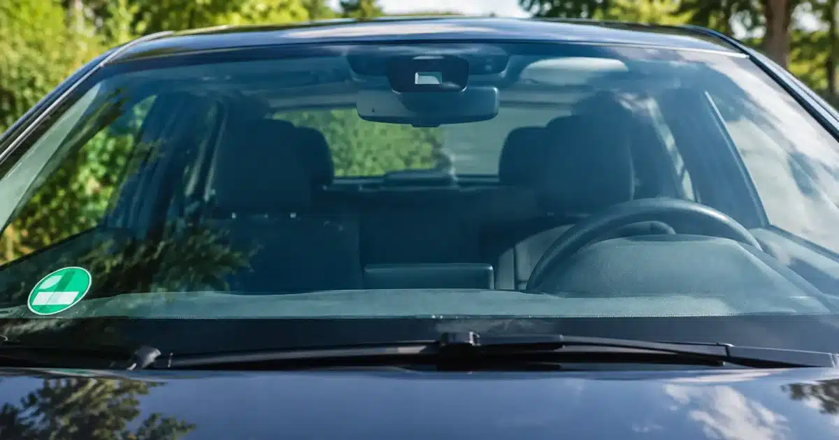 Autocollant adhesif colle sur pare-brise automobile vue frontale
