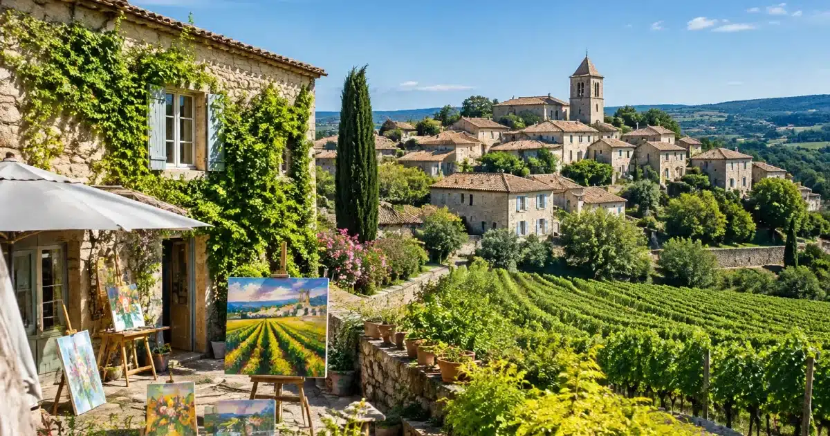 Village francais avec bâtiments pierres entourés vignobles et ateliers artistiques