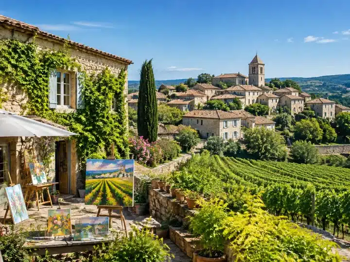 Village francais avec bâtiments pierres entourés vignobles et ateliers artistiques