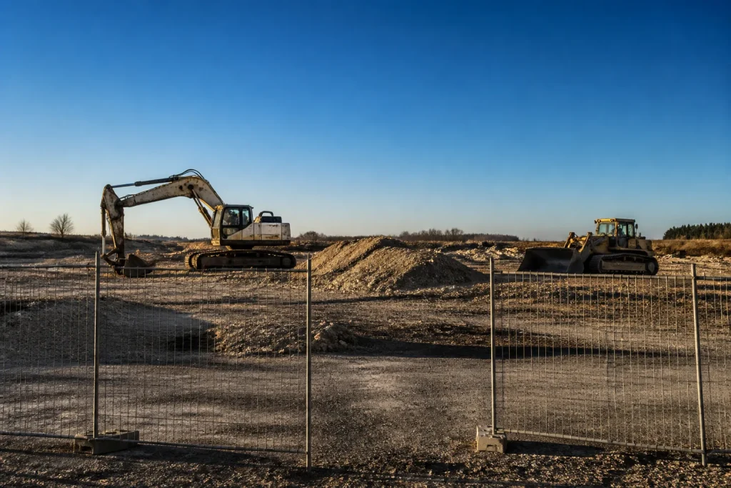 Chantier desert avec grillages et machines immobiles