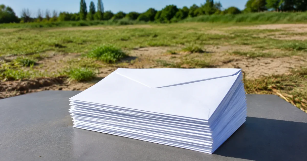 Enveloppes blanches empilees table grise terrain vacant