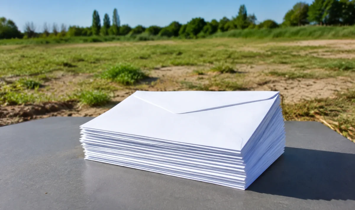 Enveloppes blanches empilees table grise terrain vacant
