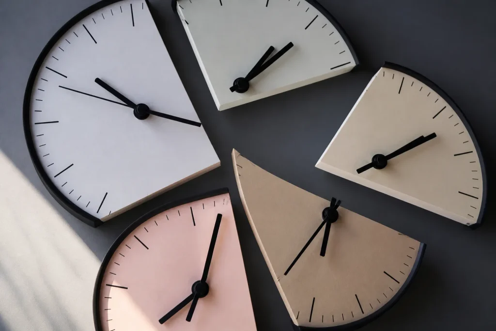 Horloges fragmentees affichant differents fuseaux horaires