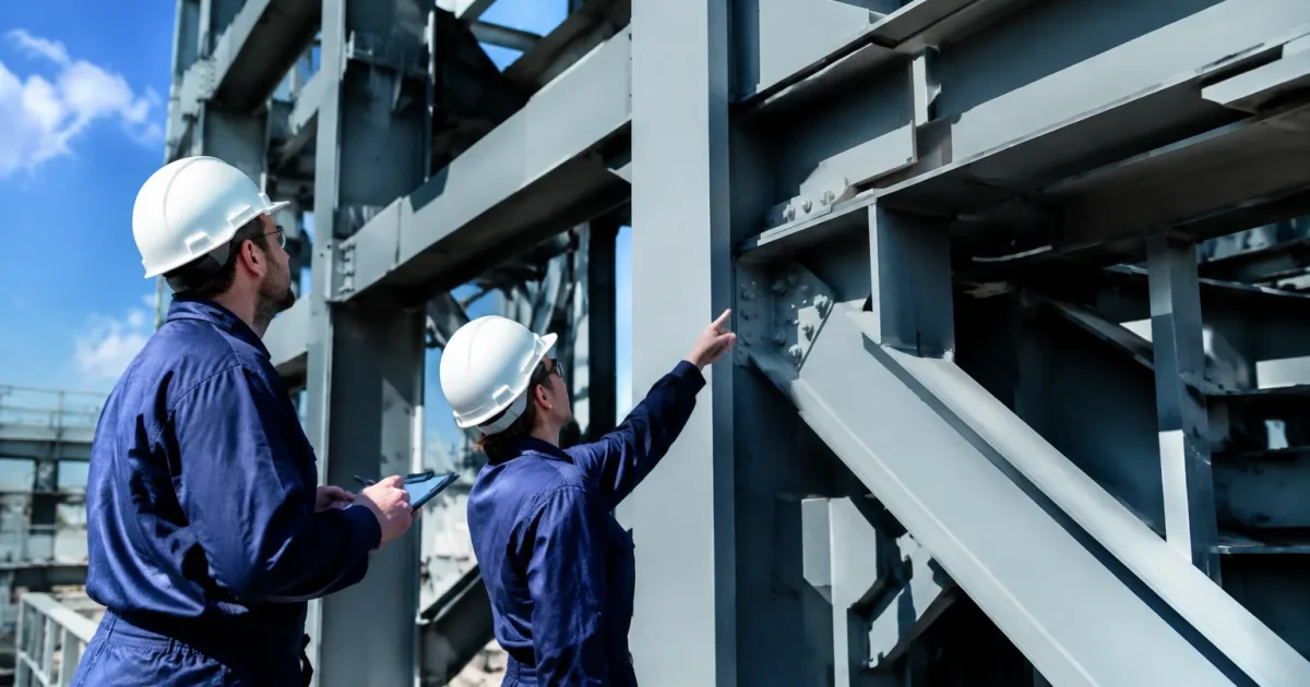 Inspecteurs en combinaison pres structures metalliques enormes grises