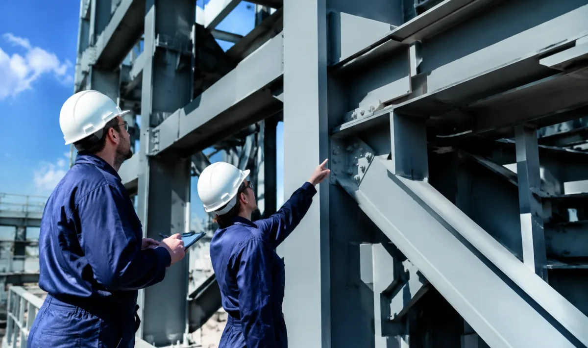 Inspecteurs en combinaison pres structures metalliques enormes grises