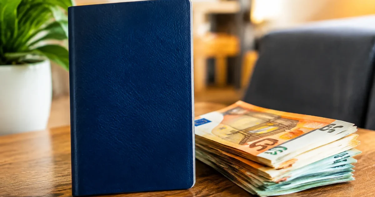 Livret epargne repose verticalement contre billets euros