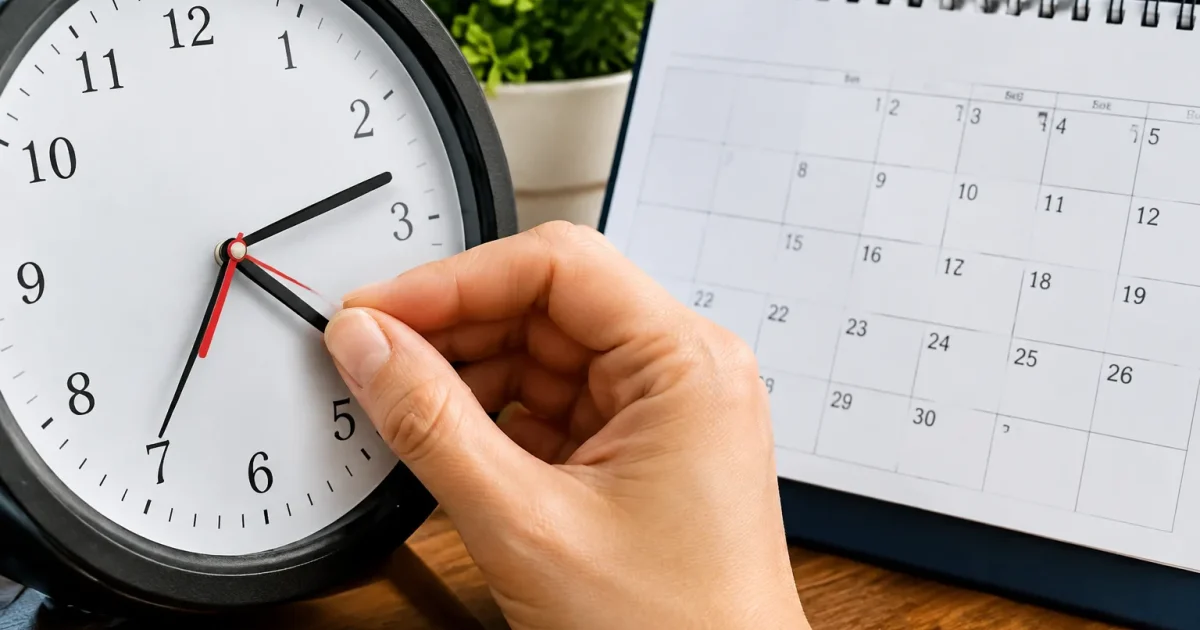 main ajustant aiguille horloge devant calendrier octobre