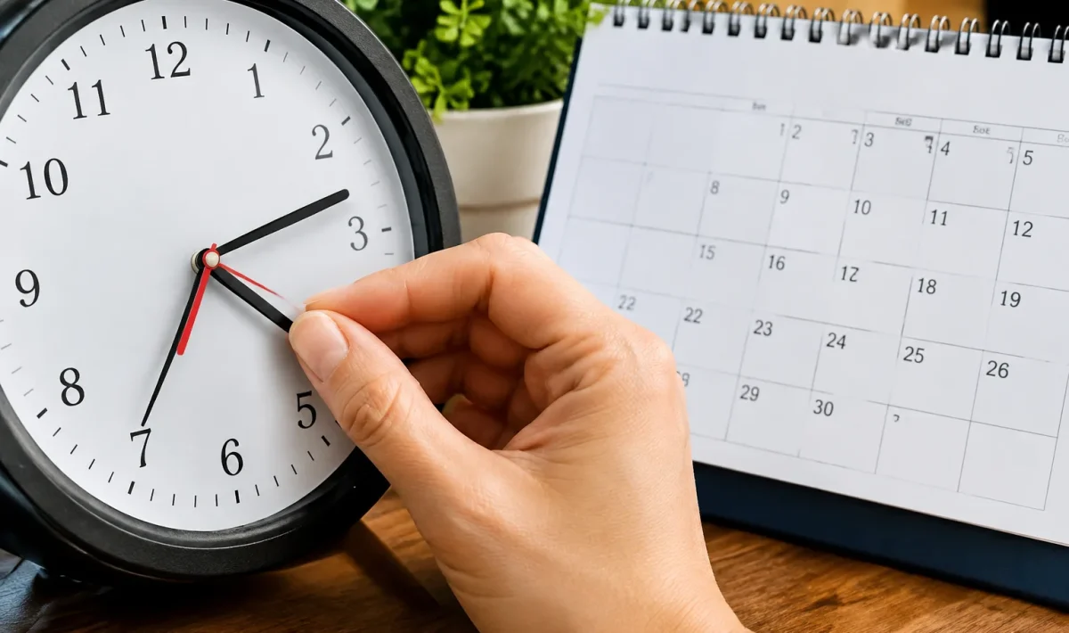 main ajustant aiguille horloge devant calendrier octobre